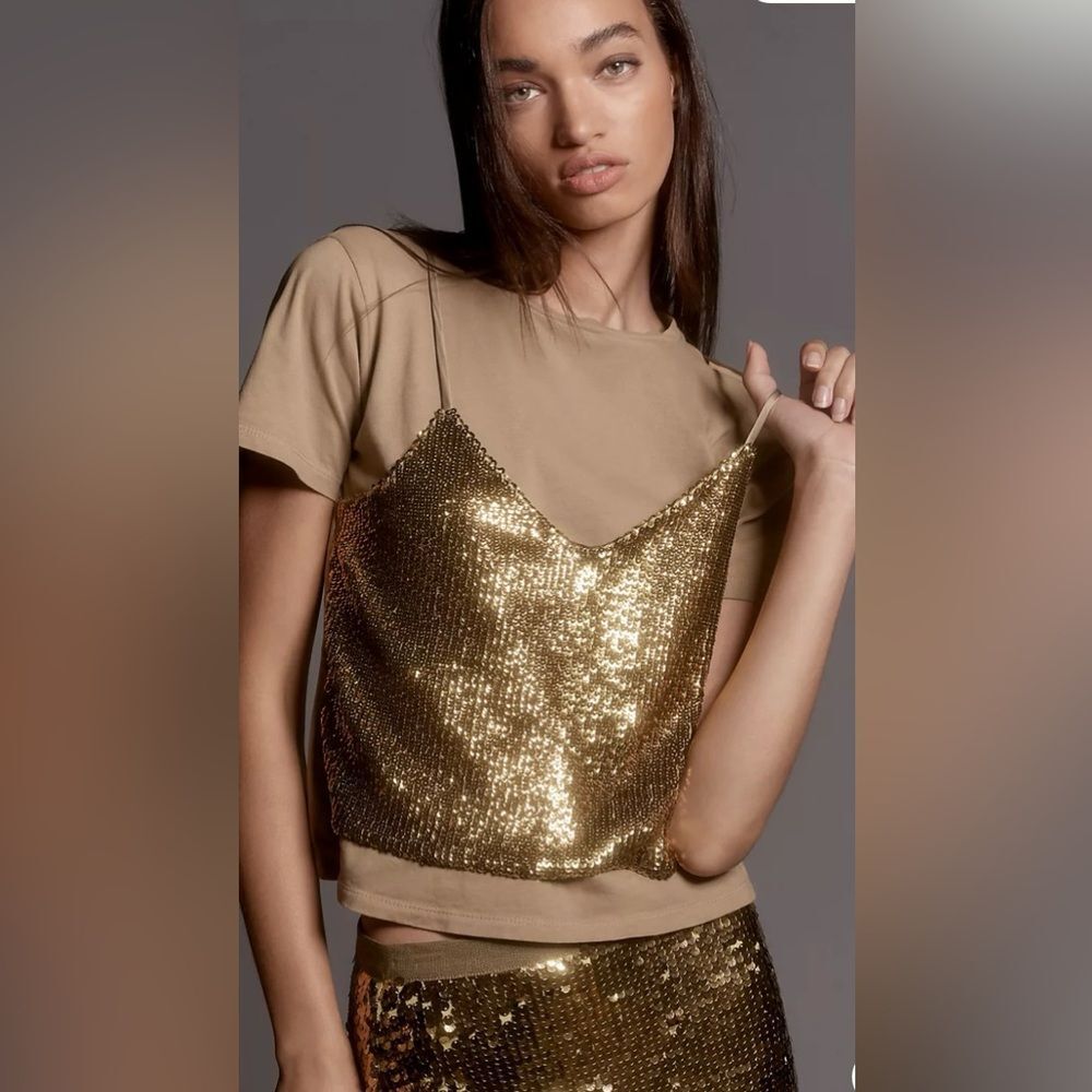 Le Superbe Elegant Gold /olive green Sequin top, S